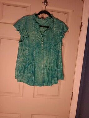 Ava & Grace Teal Flutter Sleeve Button Down Blouse Seqins Chic Wmns Sz XL